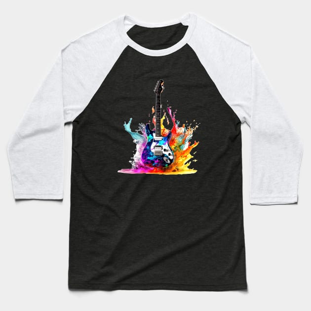 Guitar with Colorful Splash Baseball T-Shirt by ZombieTeesEtc